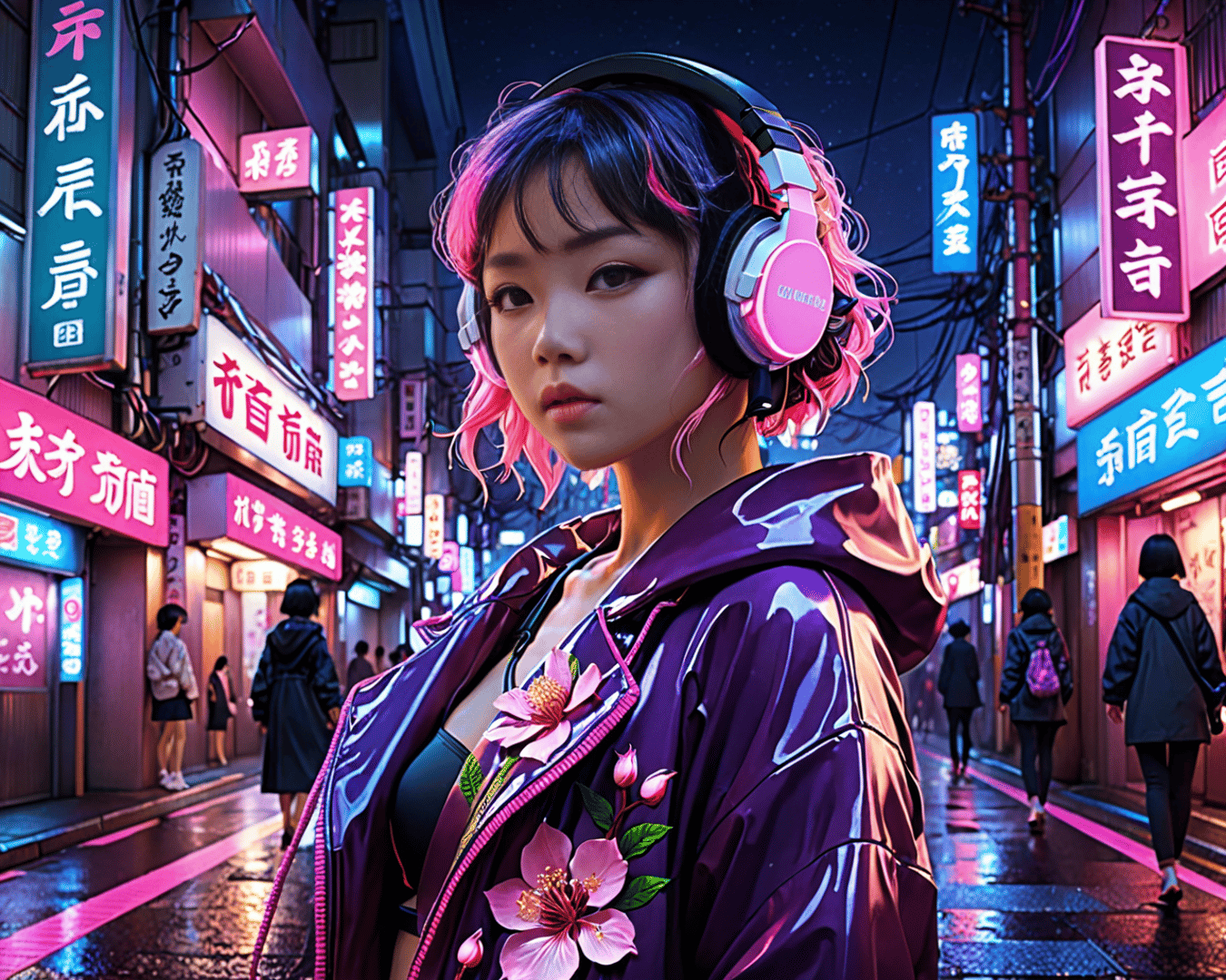 AI generated wallpaper featuring woman, headphones, jacket