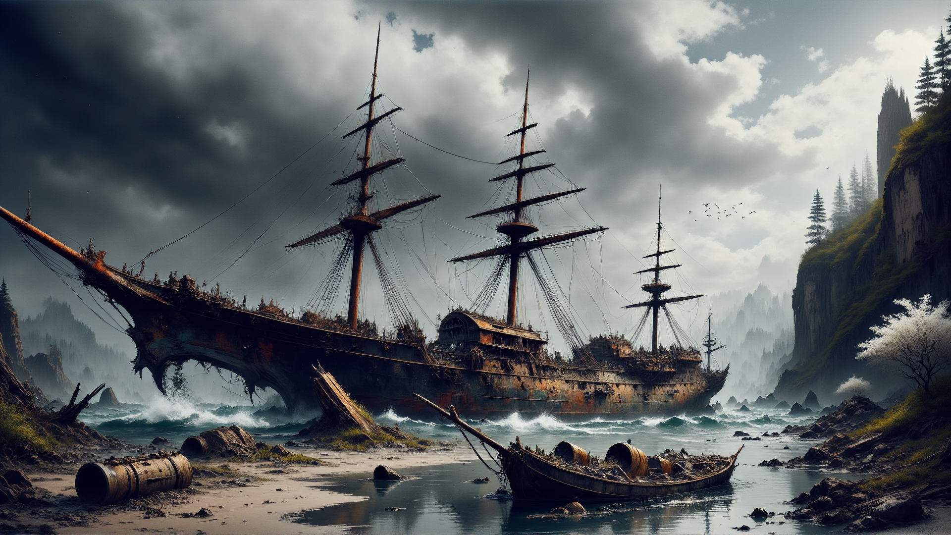 AI generated wallpaper featuring ship, sailing, ruins