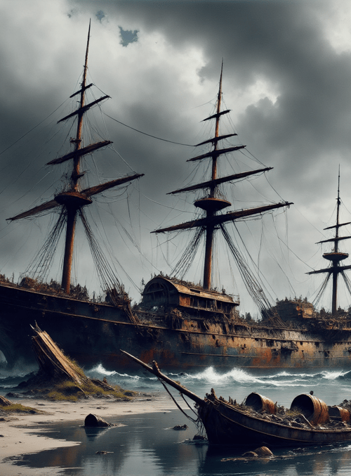 ship, sailing, ruins