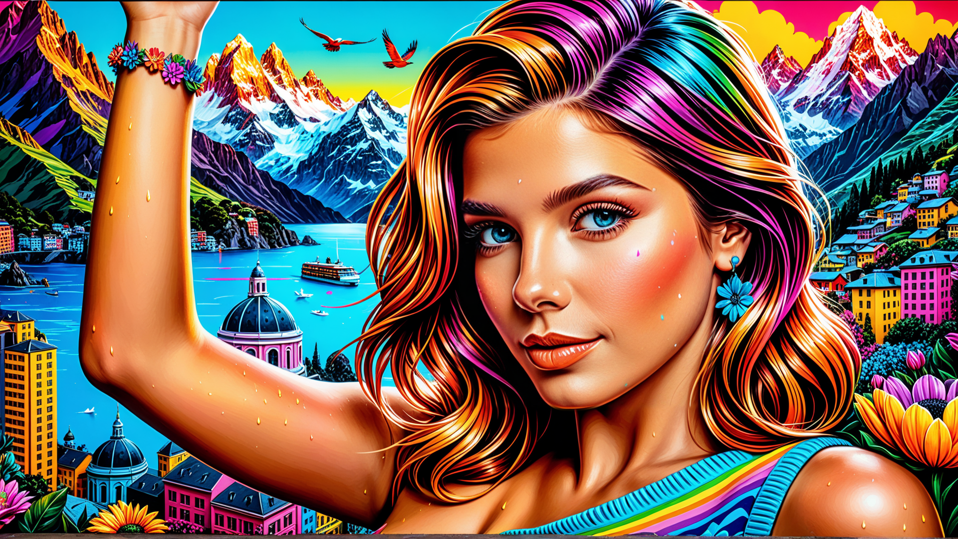 AI generated wallpaper featuring woman, mountains, lake, city, flowers, birds