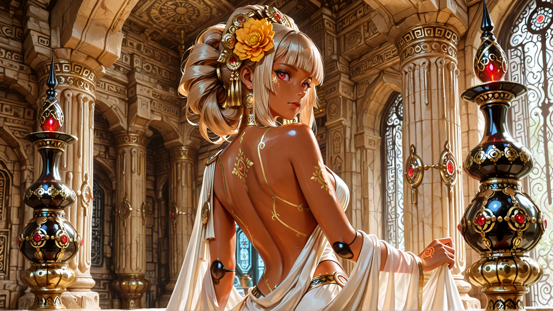 AI generated wallpaper featuring woman, goddess, queen, princess, ancient, gilded, column, lamp, architecture, vintage