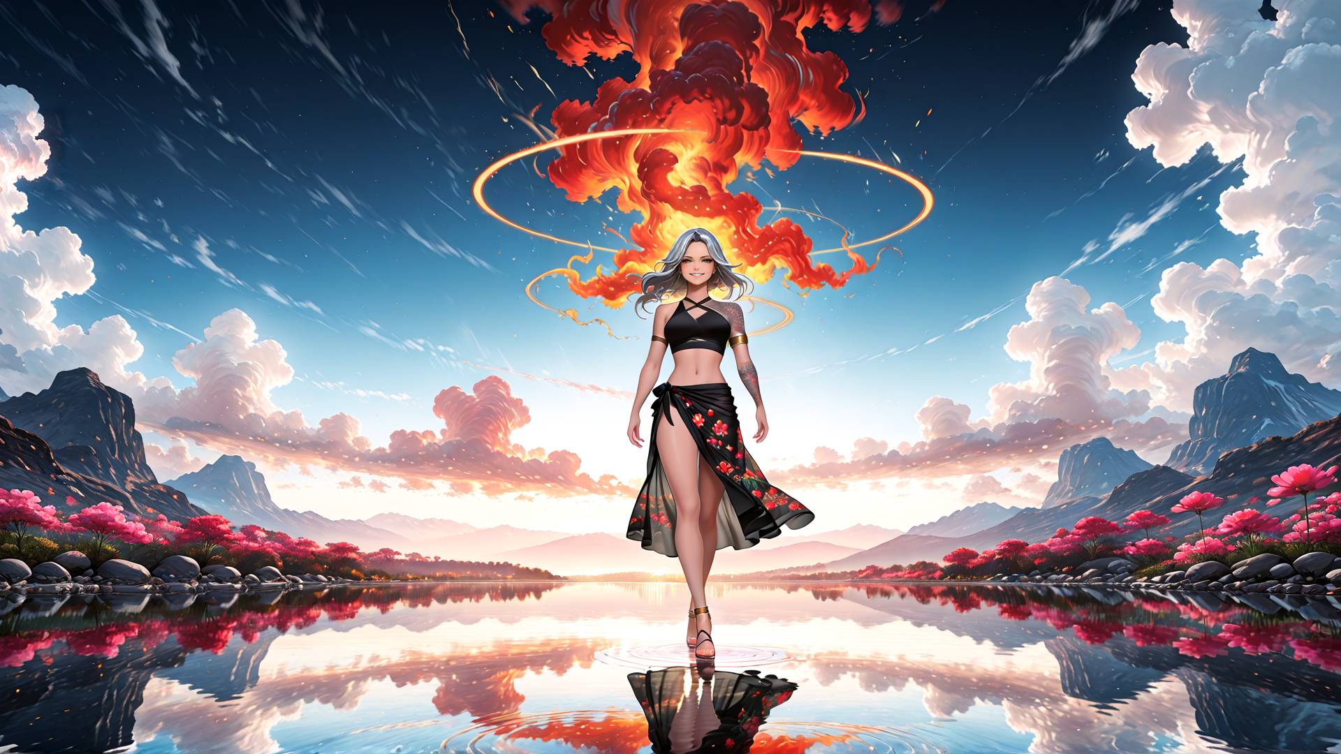 AI generated wallpaper featuring woman, fire, mountains, flowers, sky