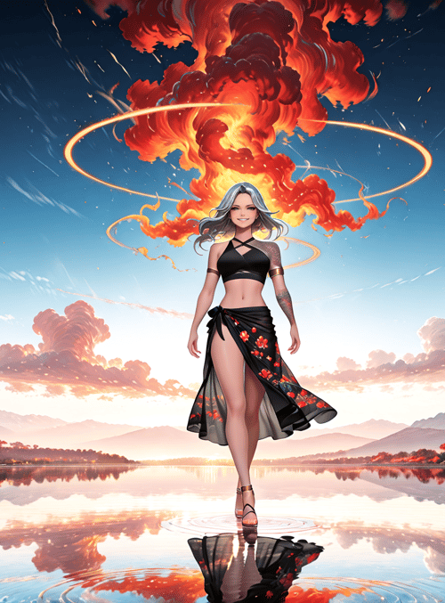 woman, fire, mountains, flowers, sky