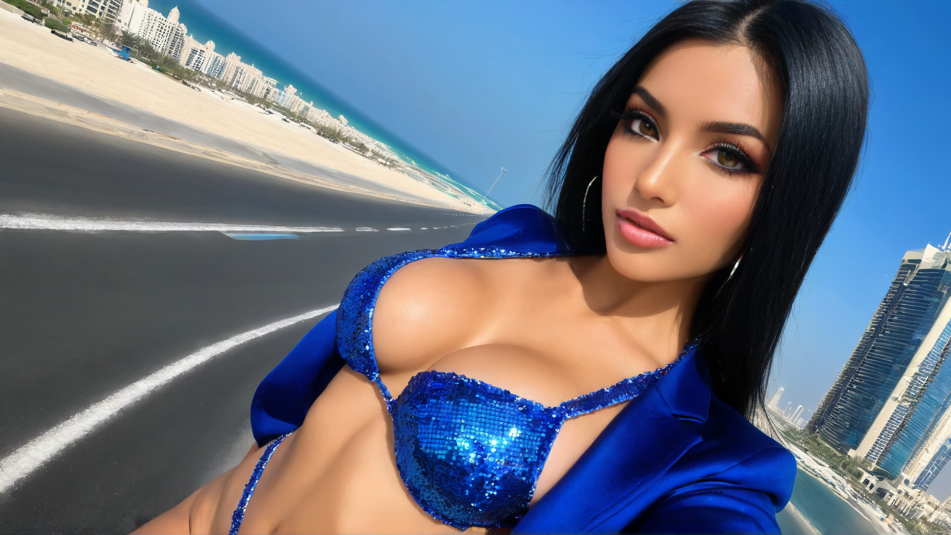 AI generated wallpaper featuring woman, beach, city