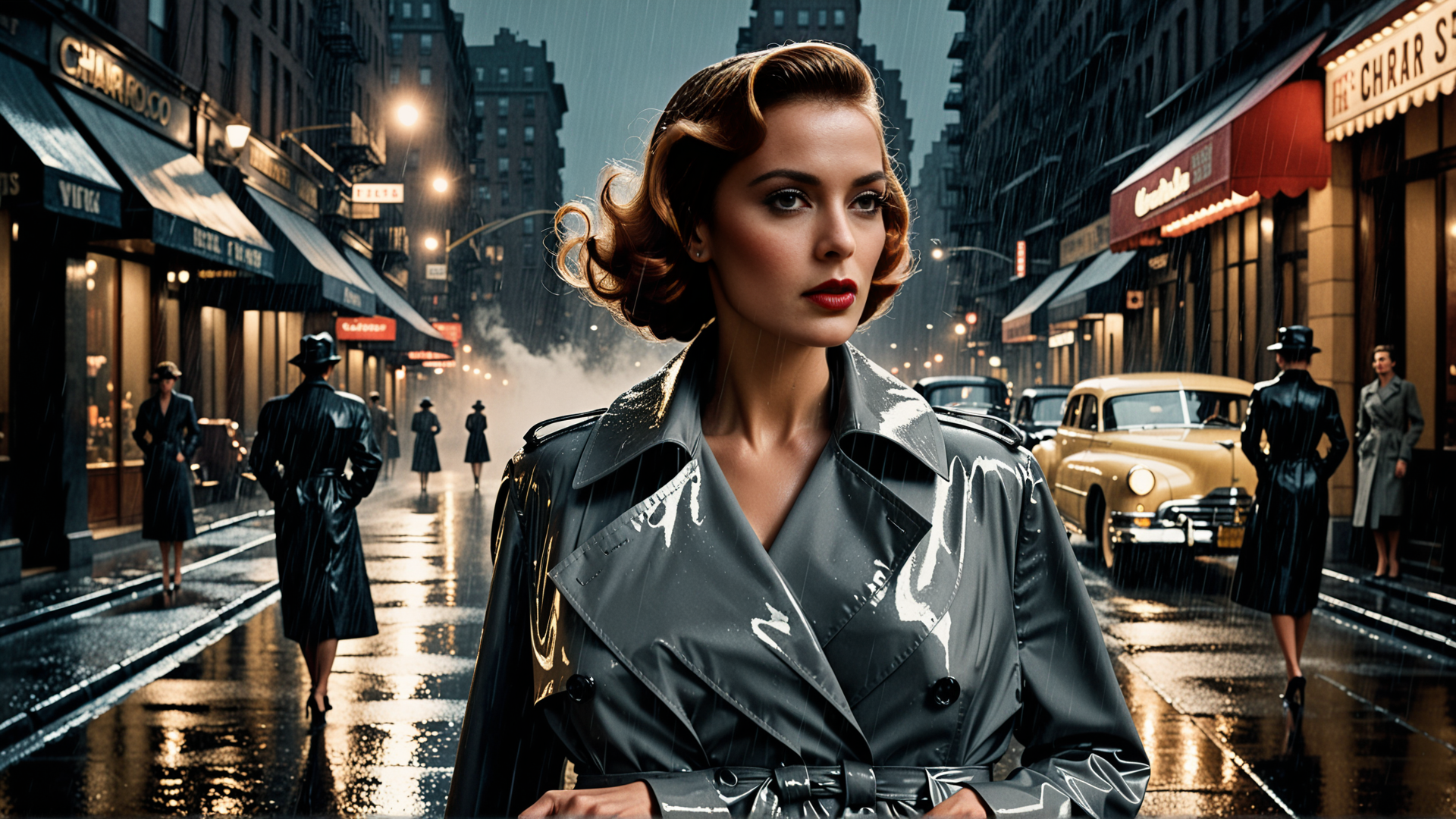 AI generated wallpaper featuring woman, city, rain