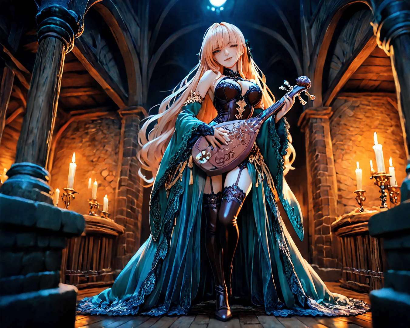 AI generated wallpaper featuring woman, lute, costume
