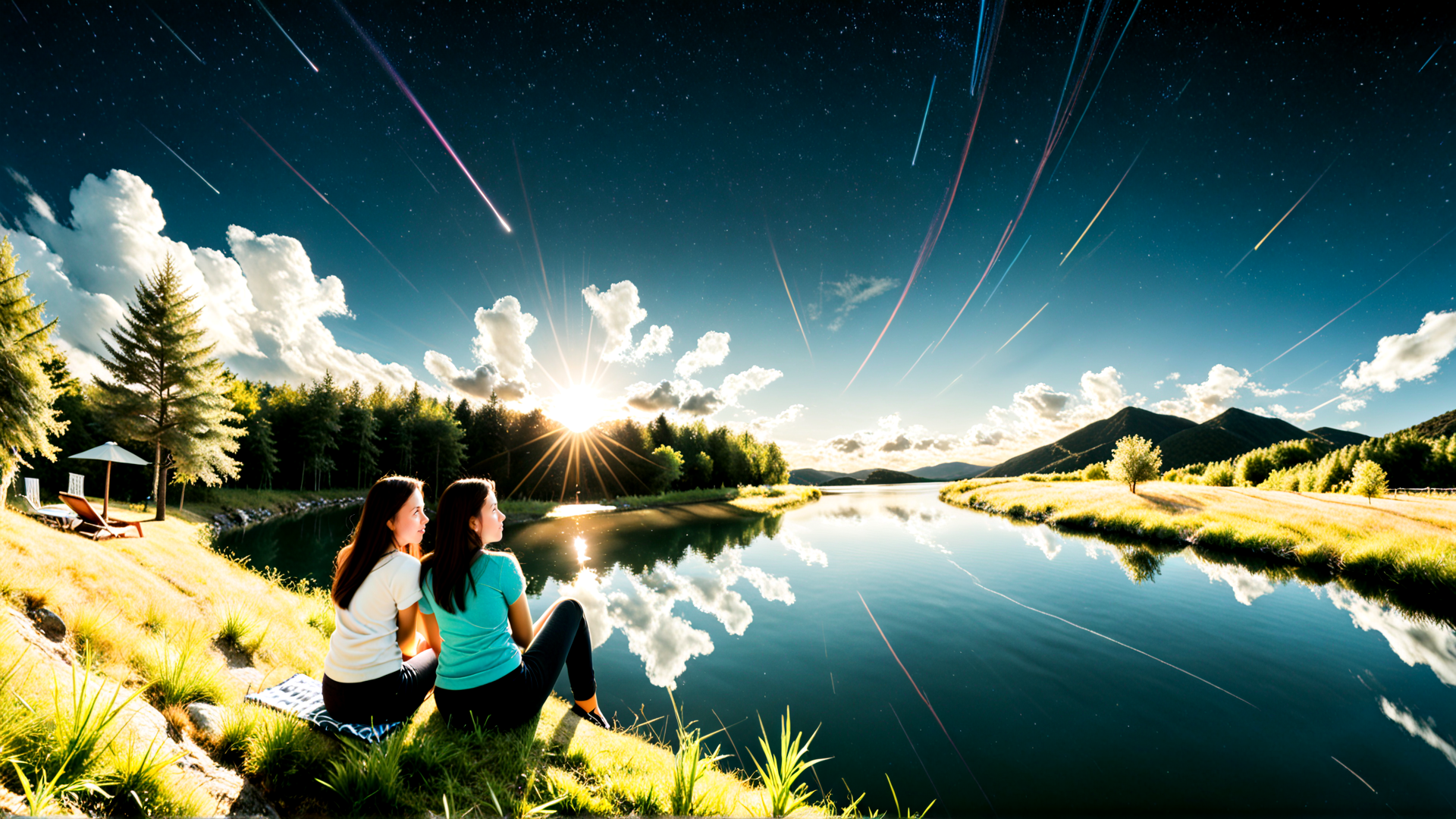 AI generated wallpaper featuring girls, lake, sun, stars, mountains, trees, umbrella, deck chairs, clouds