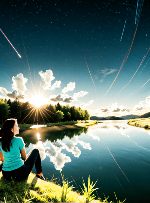 girls, lake, sun, stars, mountains, trees, umbrella, deck chairs, clouds