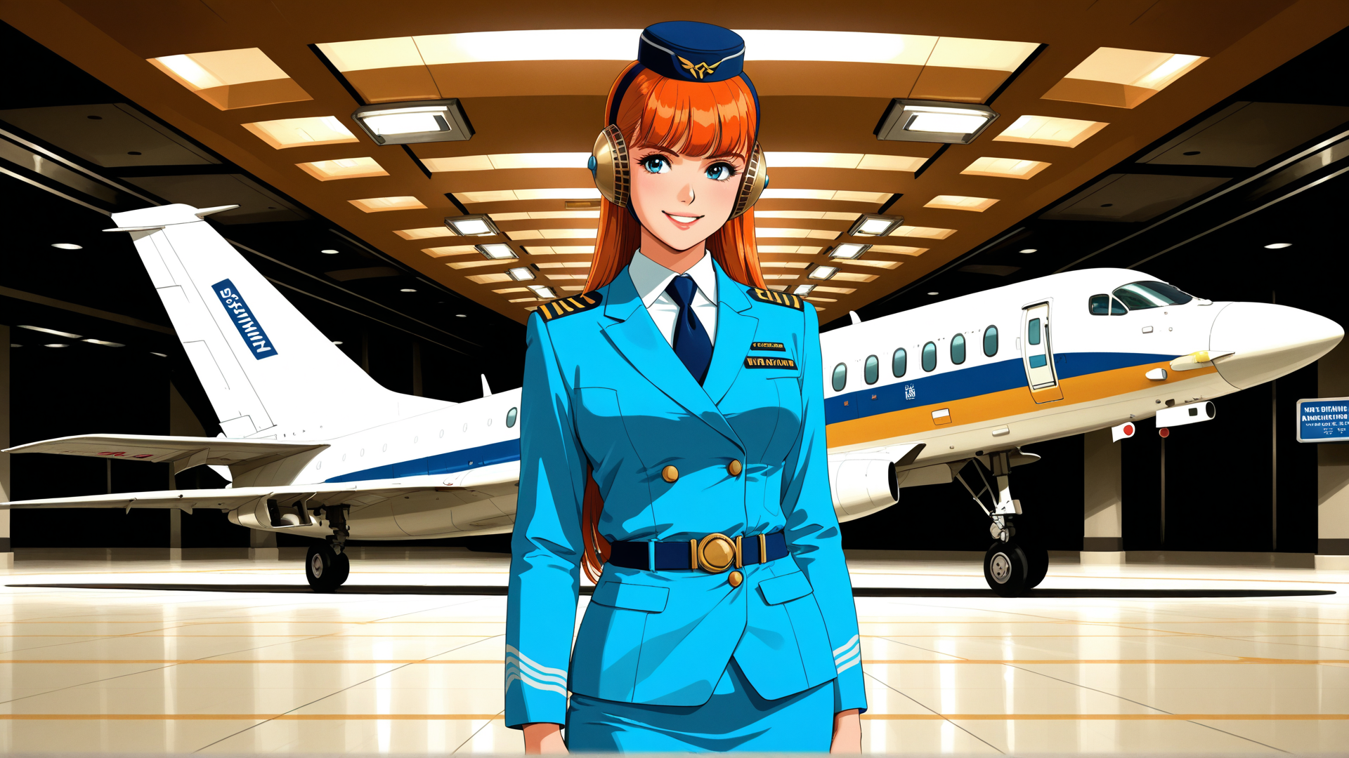 AI generated wallpaper featuring air hostess, airplane, airport terminal, flight attendant, uniform, helmet, headphones, suit, gloves, cap
