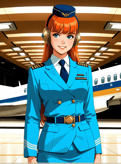 air hostess, airplane, airport terminal, flight attendant, uniform, helmet, headphones, suit, gloves, cap