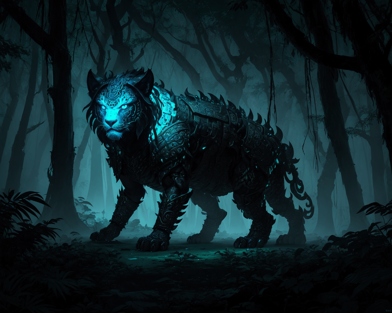 AI generated wallpaper featuring tiger, armor, forest