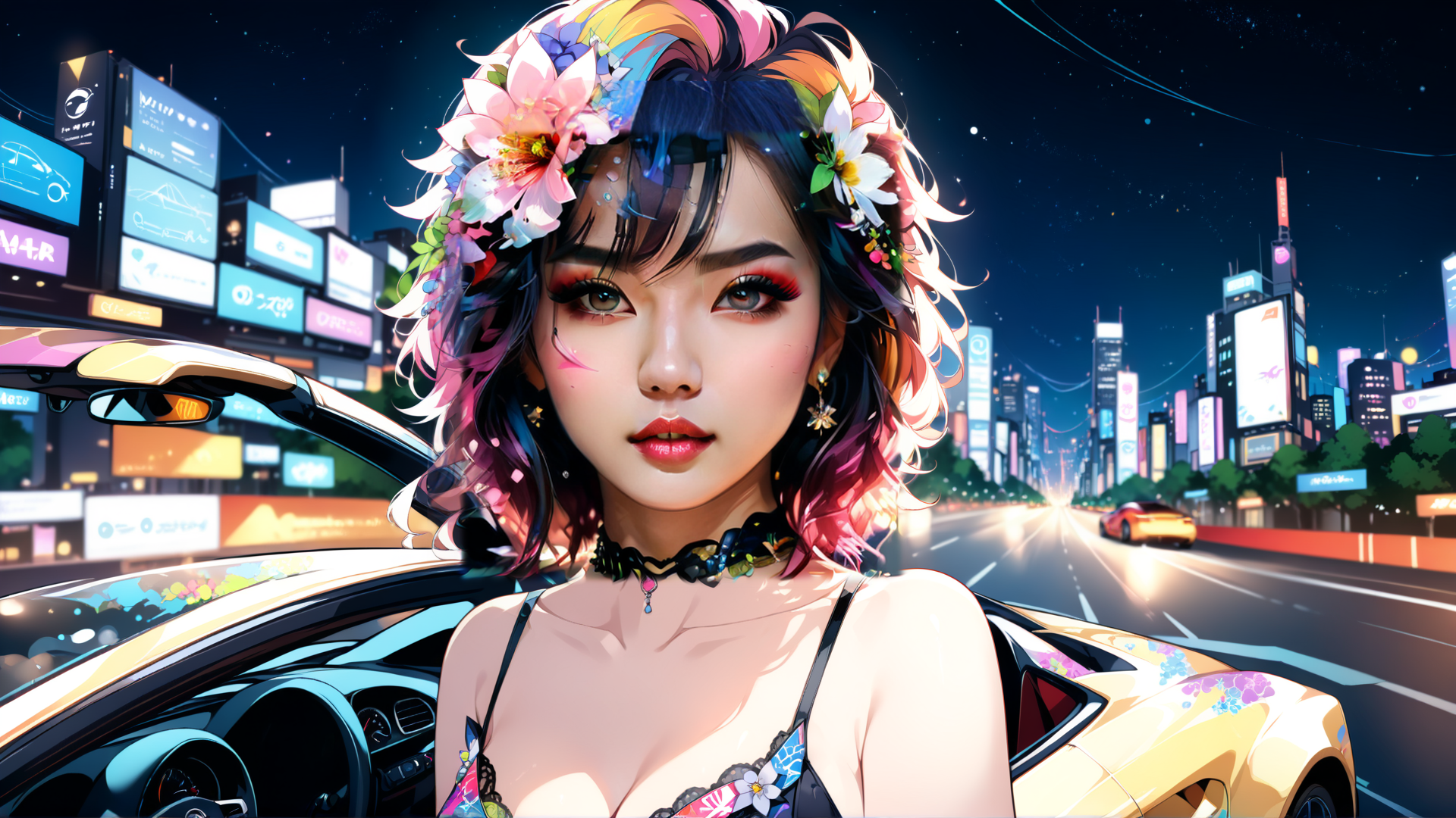 AI generated wallpaper featuring woman, car, city