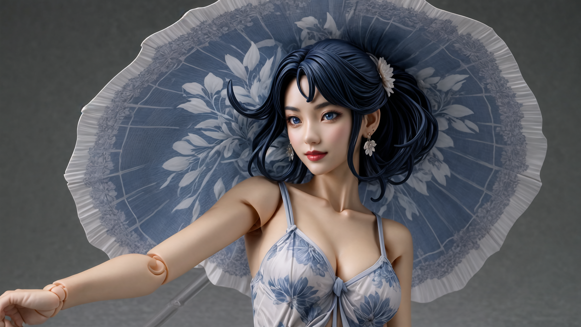 AI generated wallpaper featuring woman, umbrella, dress, flower, hair