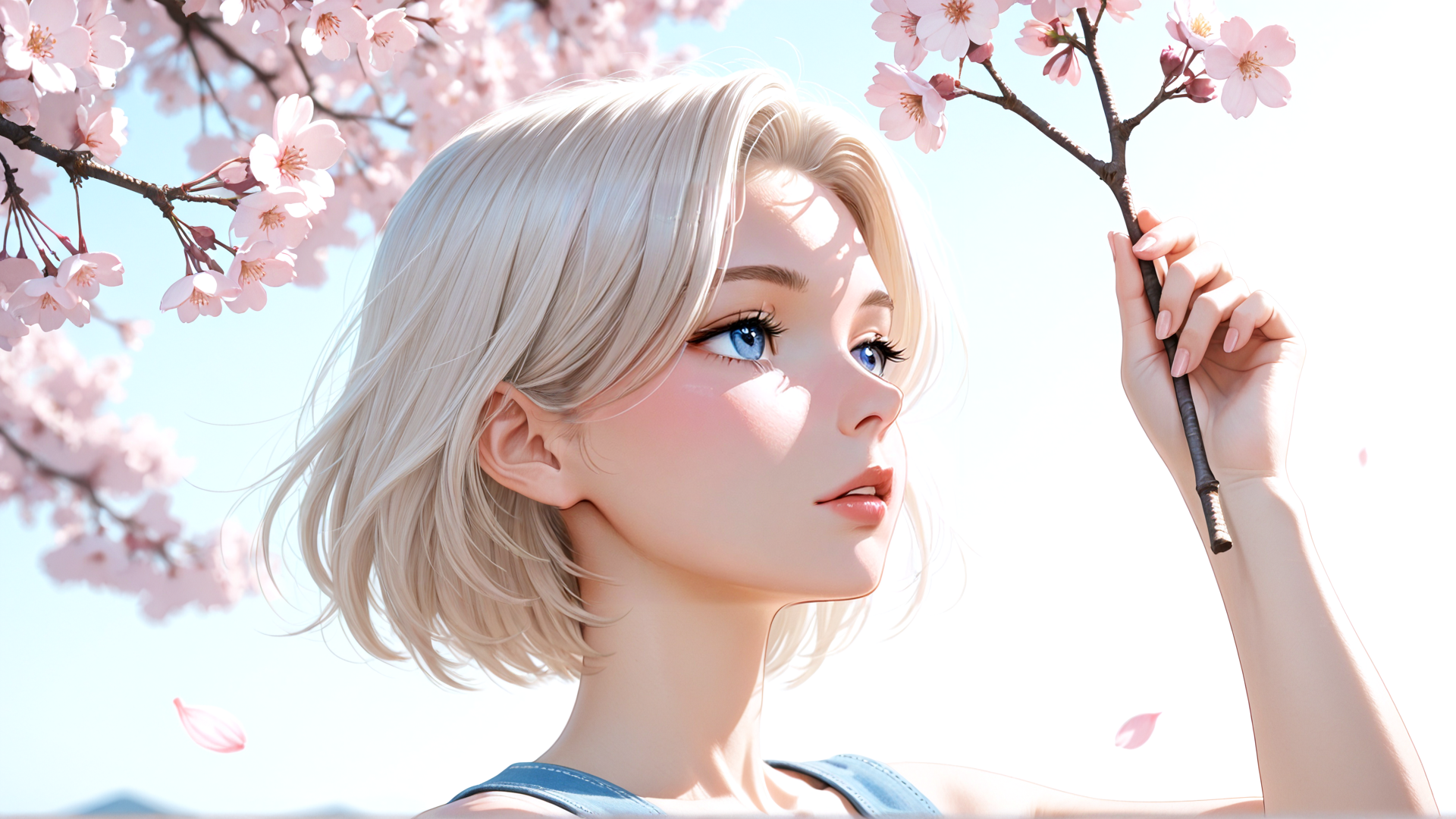 AI generated wallpaper featuring woman, cherry blossom, branch, sunset, sky, blossom, hair, hand, shoulder, background