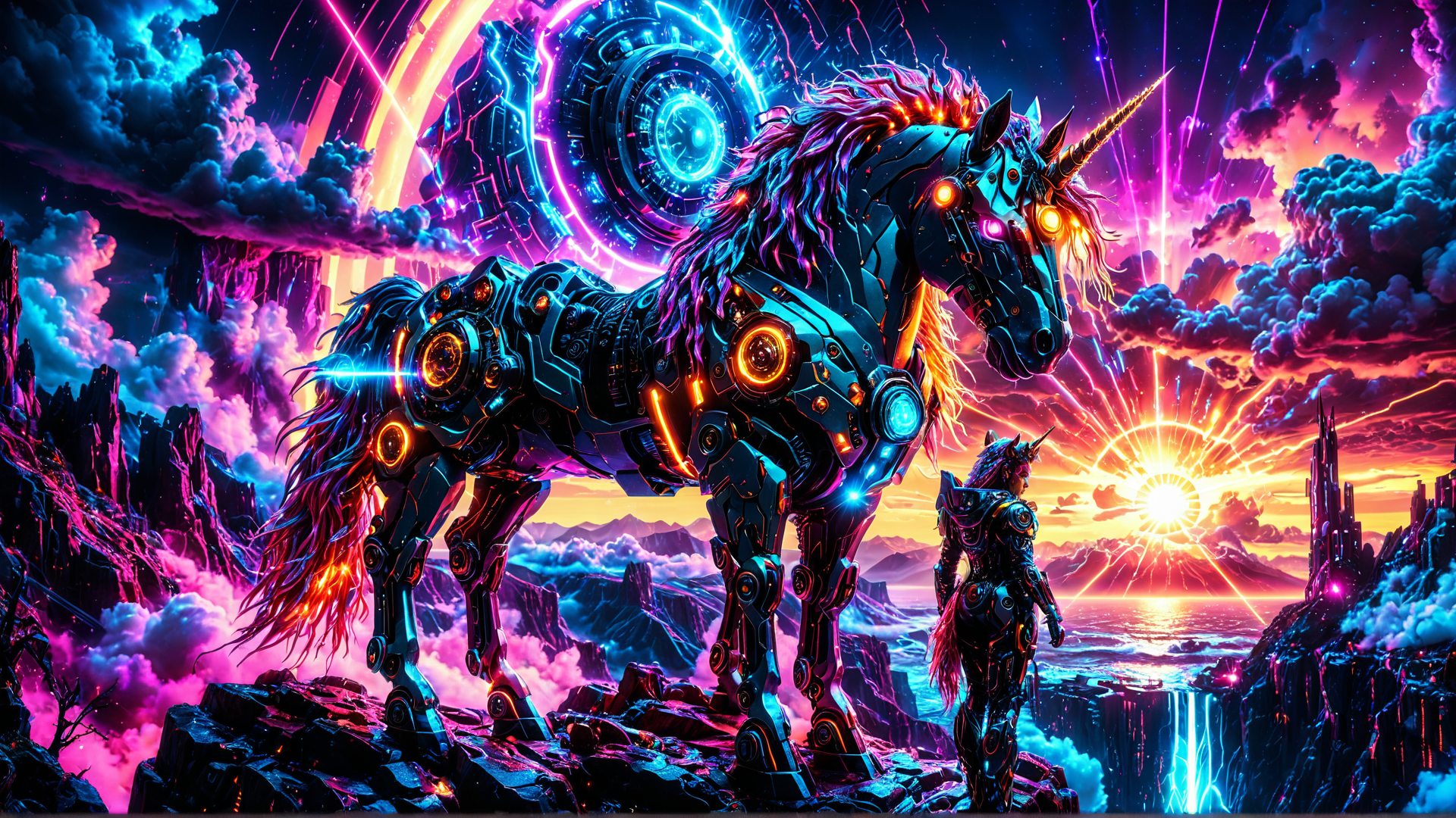 AI generated wallpaper featuring cyber unicorn, mechanical rider, neon landscape