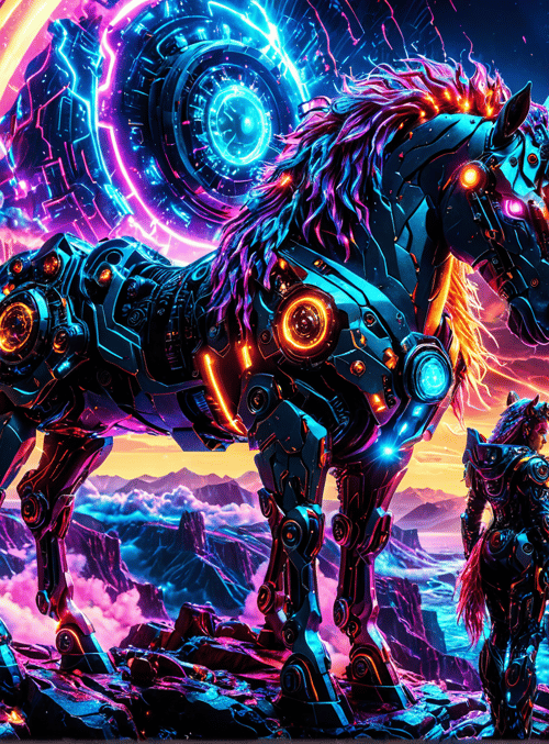cyber unicorn, mechanical rider, neon landscape