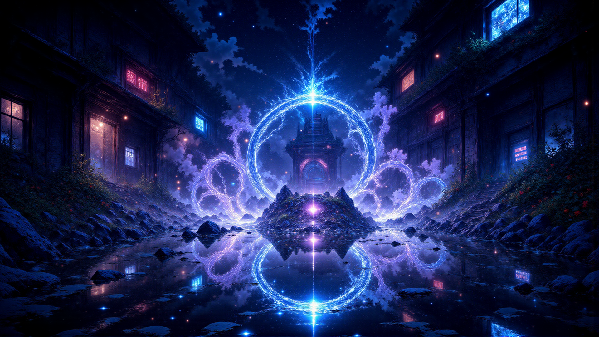AI generated wallpaper featuring circle, river, buildings, mountain, neon, trees, arch, reflection, light, stars