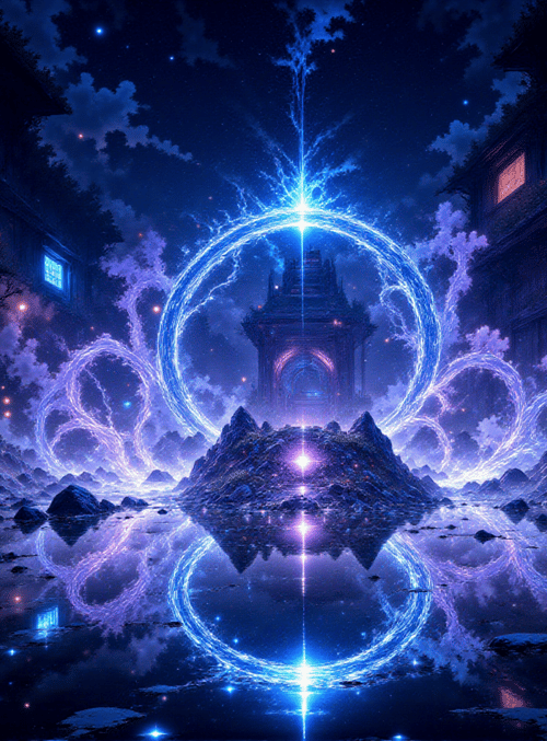 circle, river, buildings, mountain, neon, trees, arch, reflection, light, stars