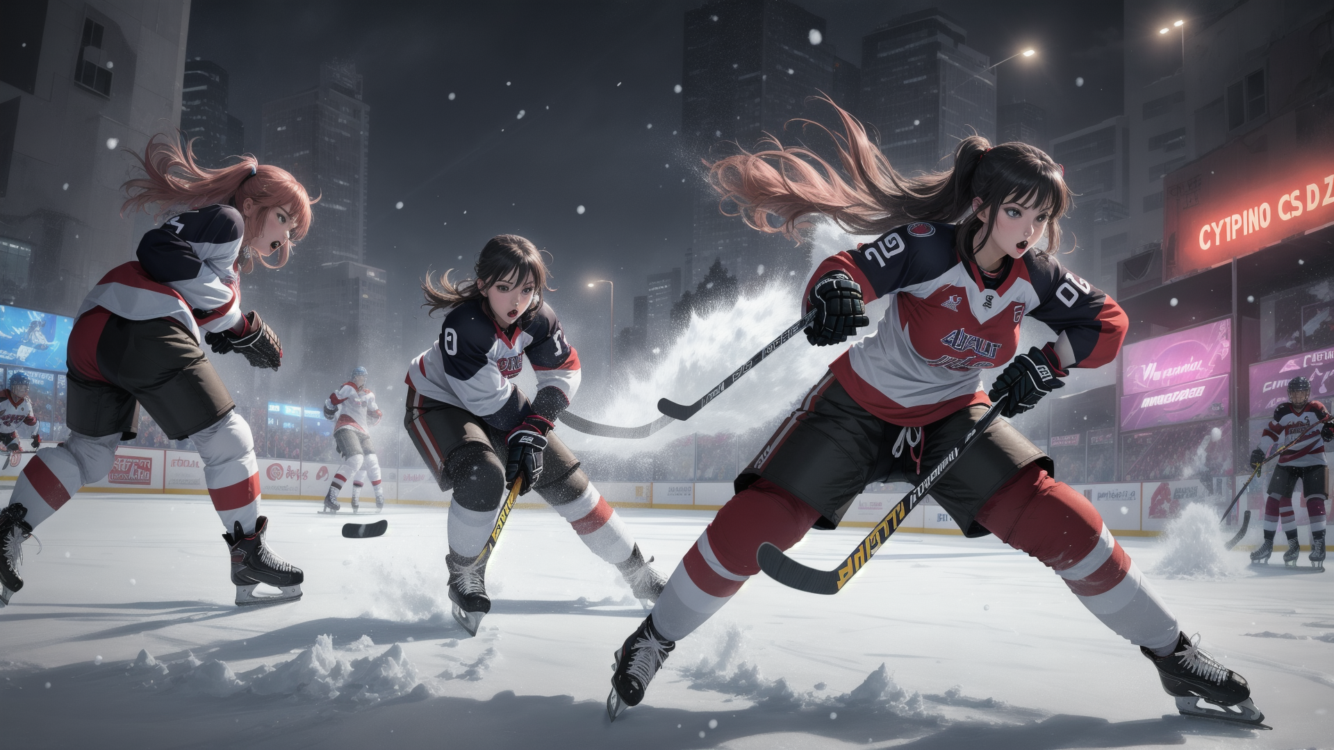 AI generated wallpaper featuring hockey player, ice rink, cityscape, snow, sweater, skates, hockey stick, uniform, advertisement, crowd