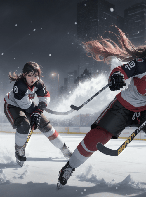 hockey player, ice rink, cityscape, snow, sweater, skates, hockey stick, uniform, advertisement, crowd