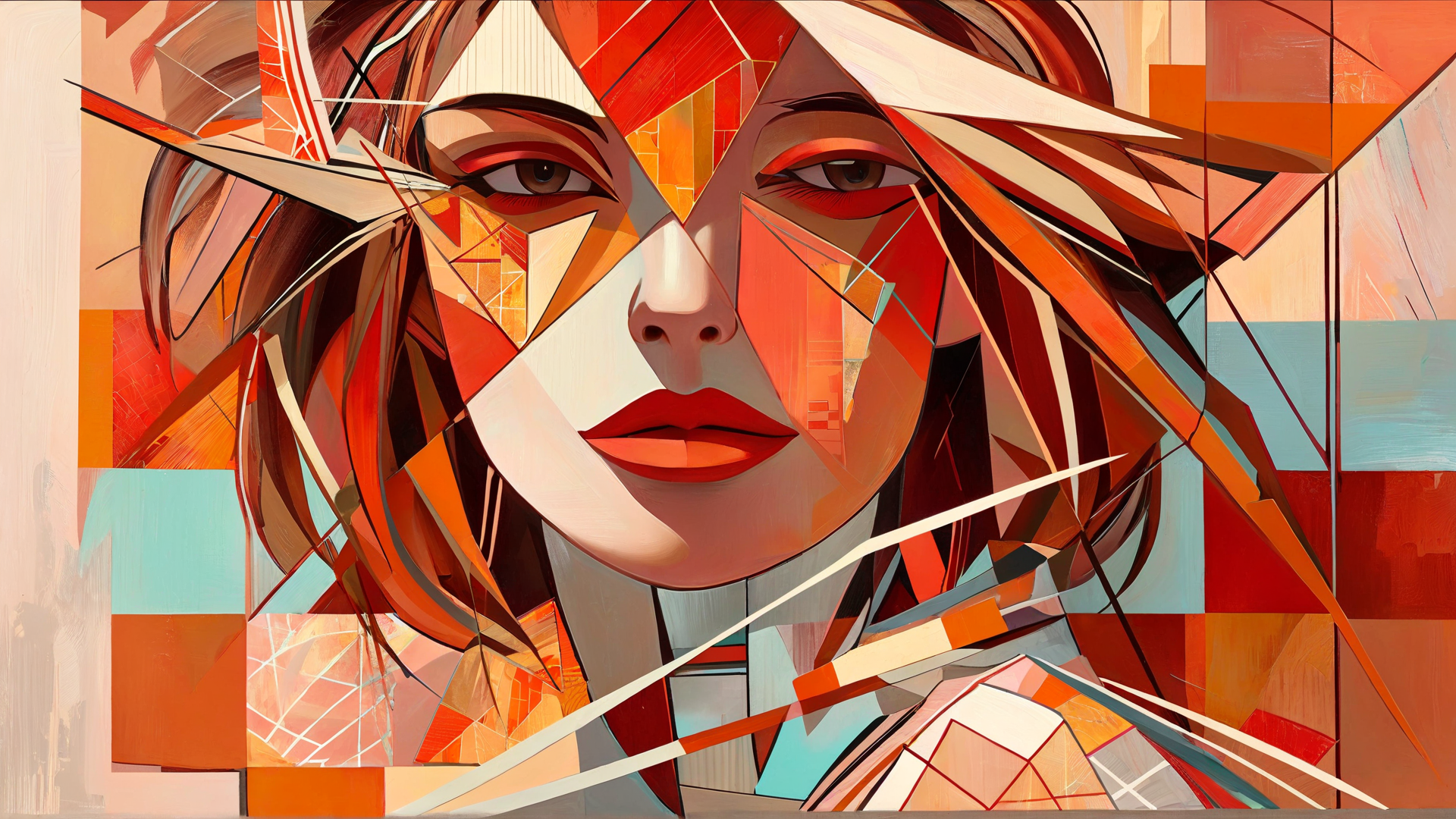 AI generated wallpaper featuring face, woman, abstract, portraits, geometric, artwork, painting, design, composition, illustration