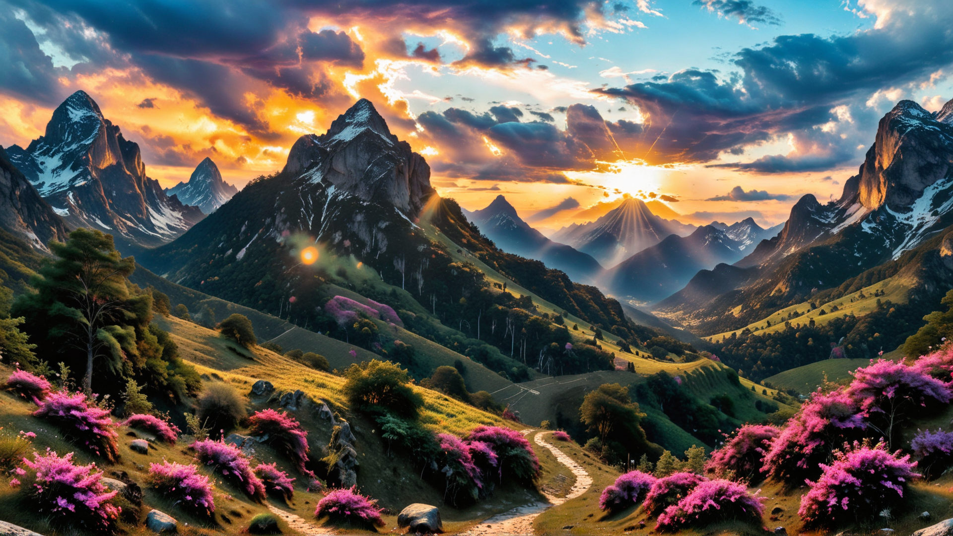 AI generated wallpaper featuring mountains, sunrise, wildflowers, valley, trees, sky, clouds, path, snow, hills