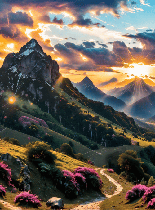 mountains, sunrise, wildflowers, valley, trees, sky, clouds, path, snow, hills