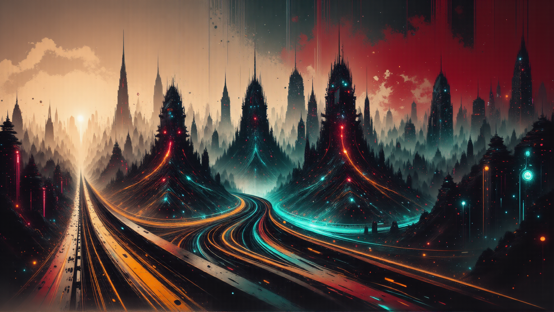 AI generated wallpaper featuring city, road, skyscrapers, mountains, lights, buildings, forest, sunset, neon, dome