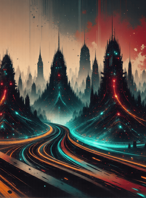city, road, skyscrapers, mountains, lights, buildings, forest, sunset, neon, dome