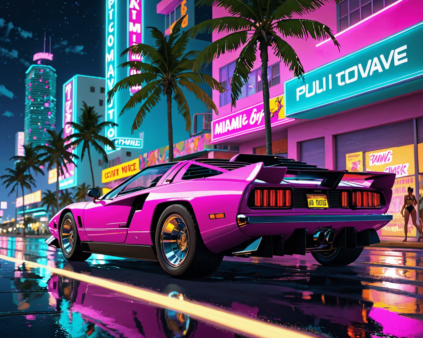 AI generated wallpaper featuring car, city, palm trees