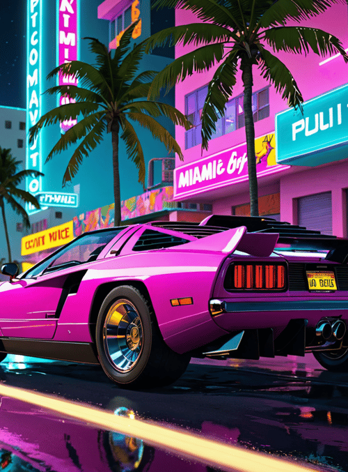car, city, palm trees