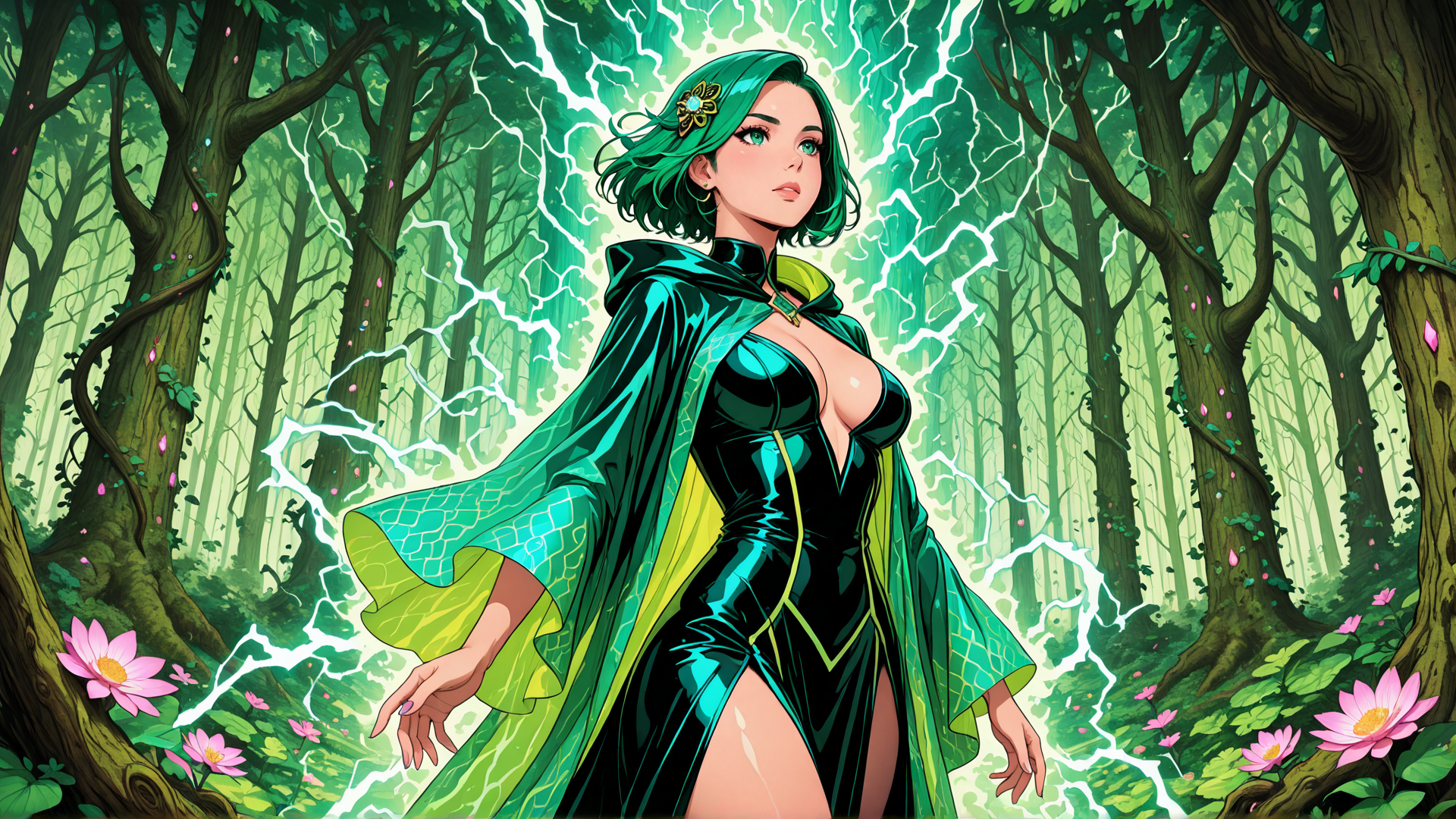 AI generated wallpaper featuring woman, forest, lightning, goddess, cloak, lotus