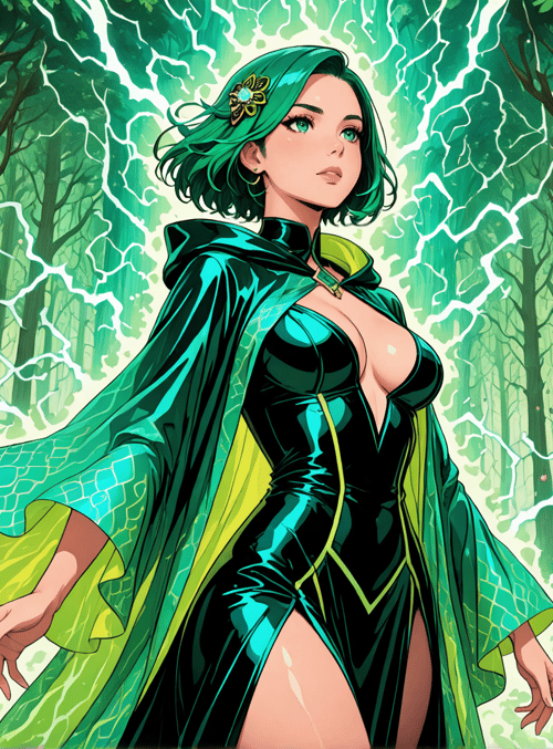 woman, forest, lightning, goddess, cloak, lotus