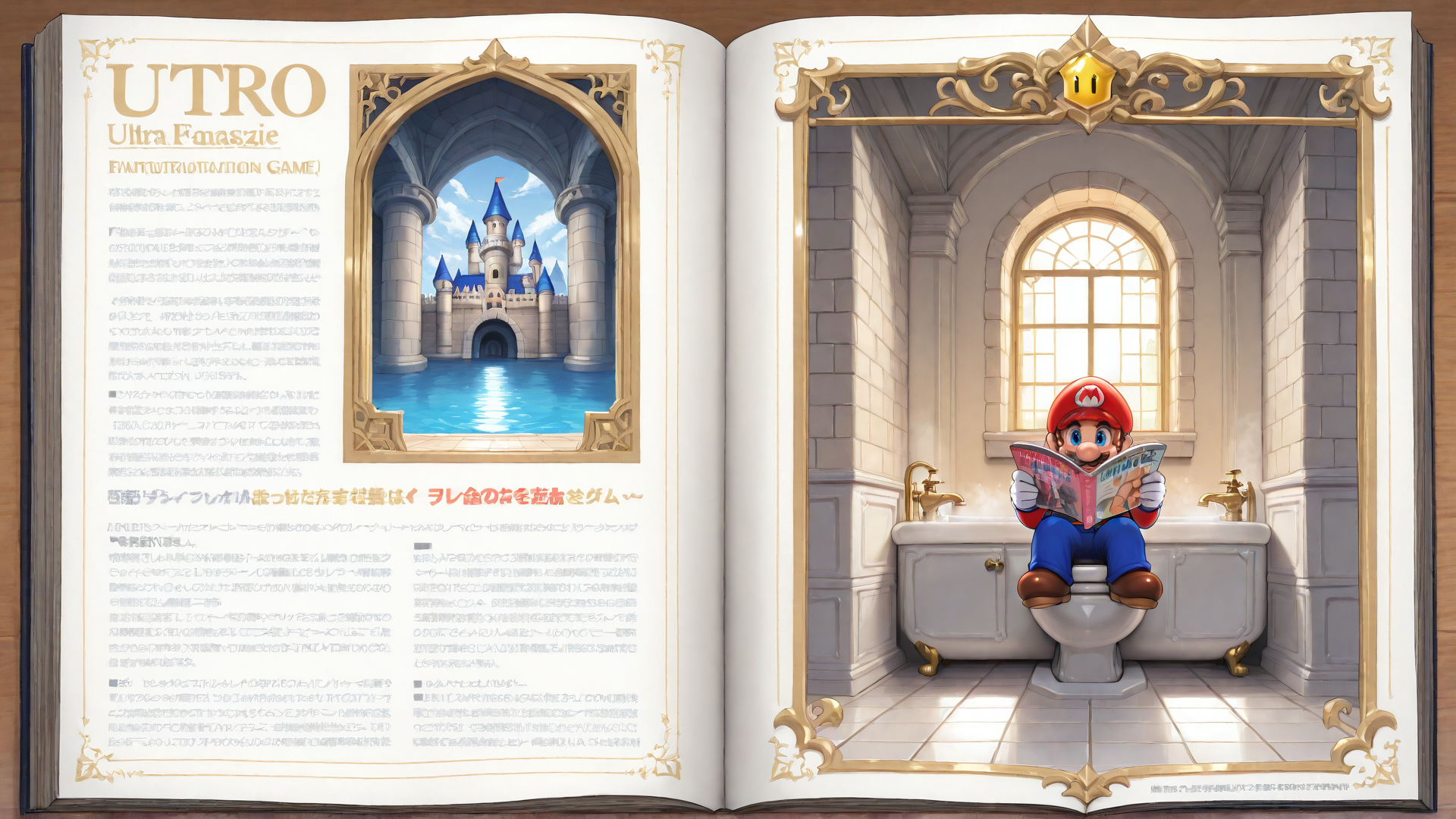 AI generated wallpaper featuring book, mario, castle, bathroom, magazine, toilet, bathtub, window, frame, text