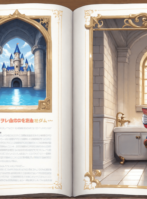 book, mario, castle, bathroom, magazine, toilet, bathtub, window, frame, text