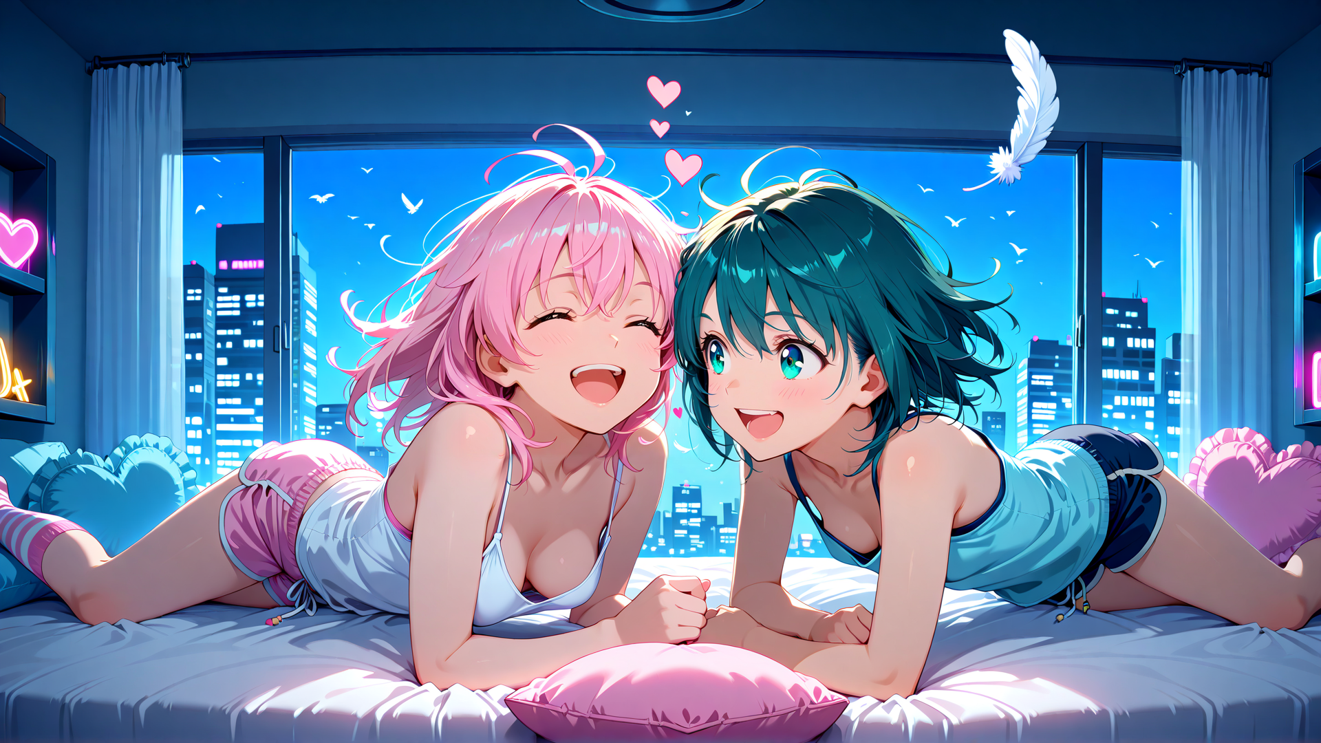 AI generated wallpaper featuring girls, anime, bed