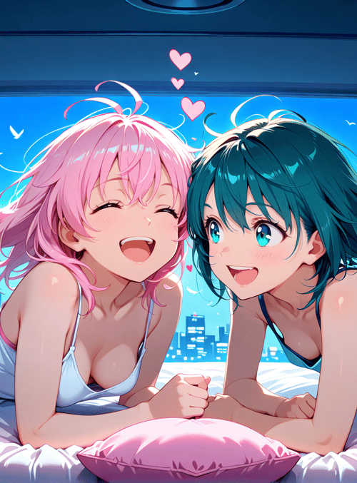 girls, anime, bed