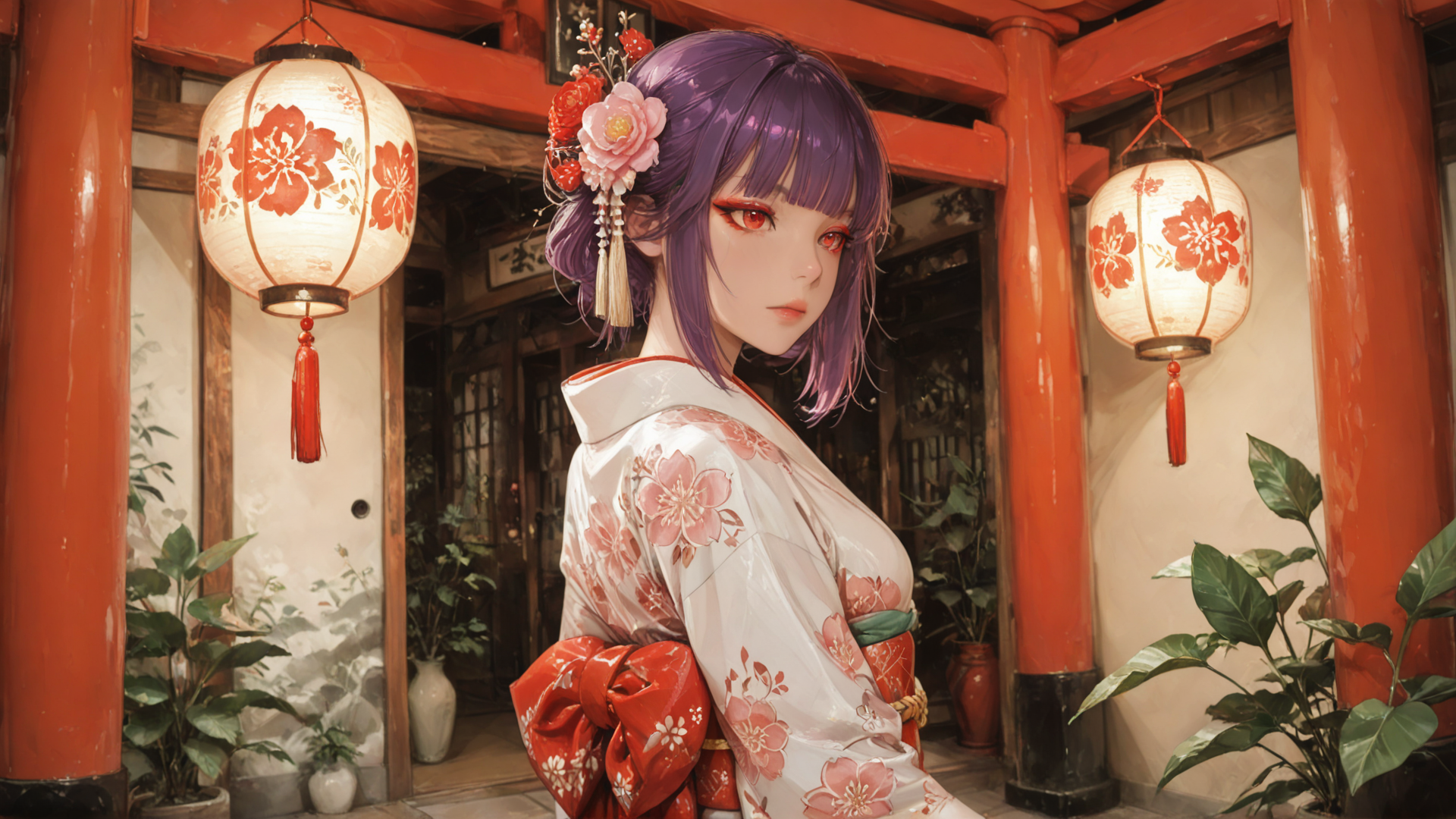 AI generated wallpaper featuring woman, kimonos, lanterns, columns, flowers, plants, traditional, japanese, hairpins, vase