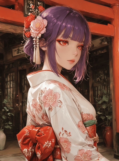 woman, kimonos, lanterns, columns, flowers, plants, traditional, japanese, hairpins, vase
