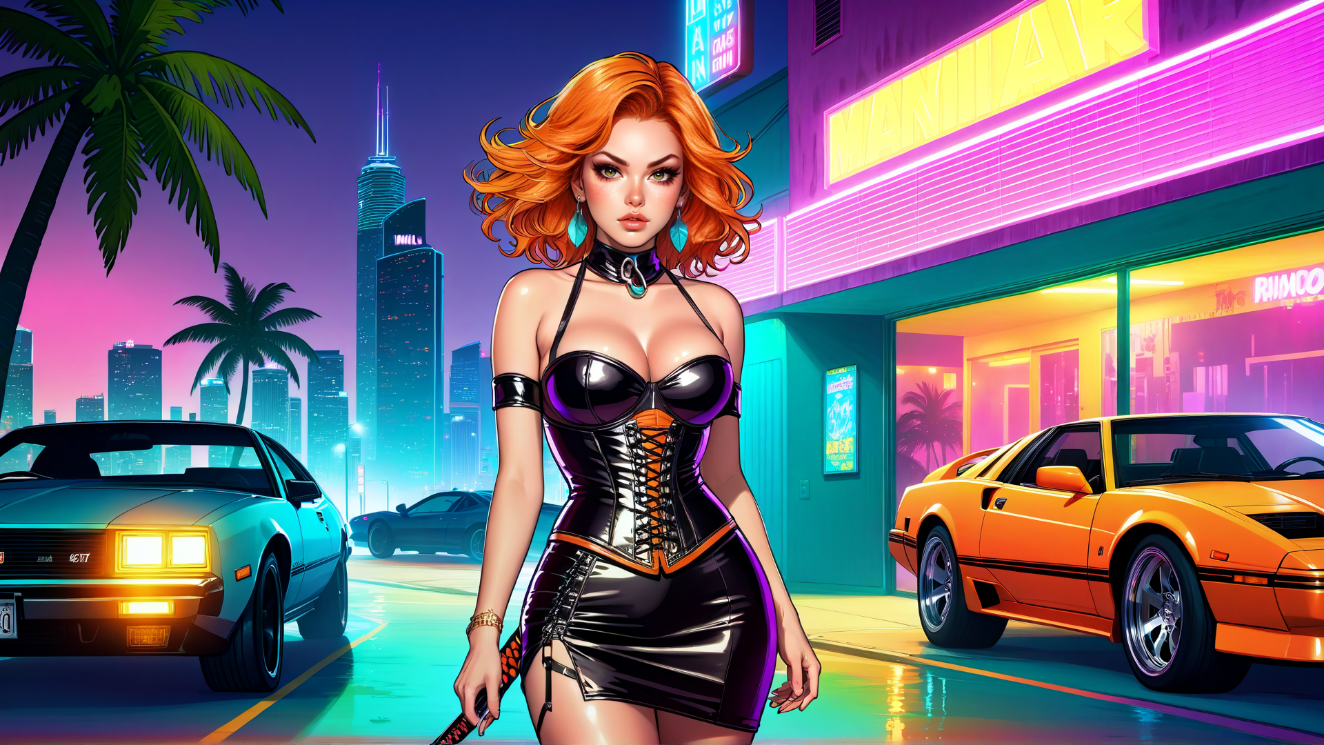 AI generated wallpaper featuring woman, car, city