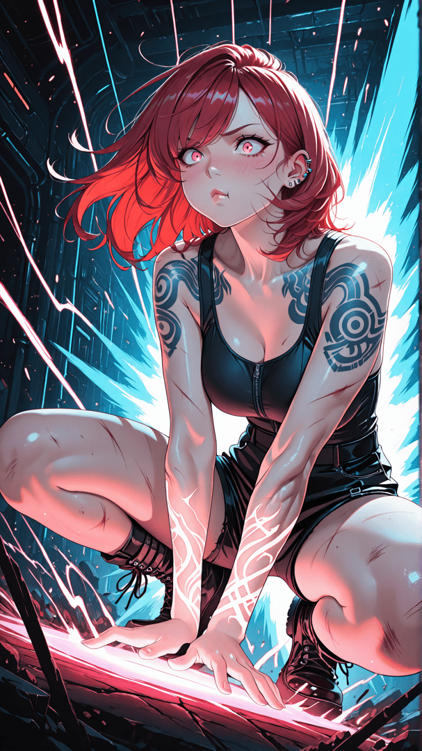 AI generated wallpaper featuring woman, red hair, tattoo, black top, knee, ankle, boot, light, electricity, background