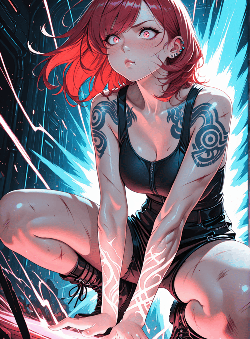 woman, red hair, tattoo, black top, knee, ankle, boot, light, electricity, background
