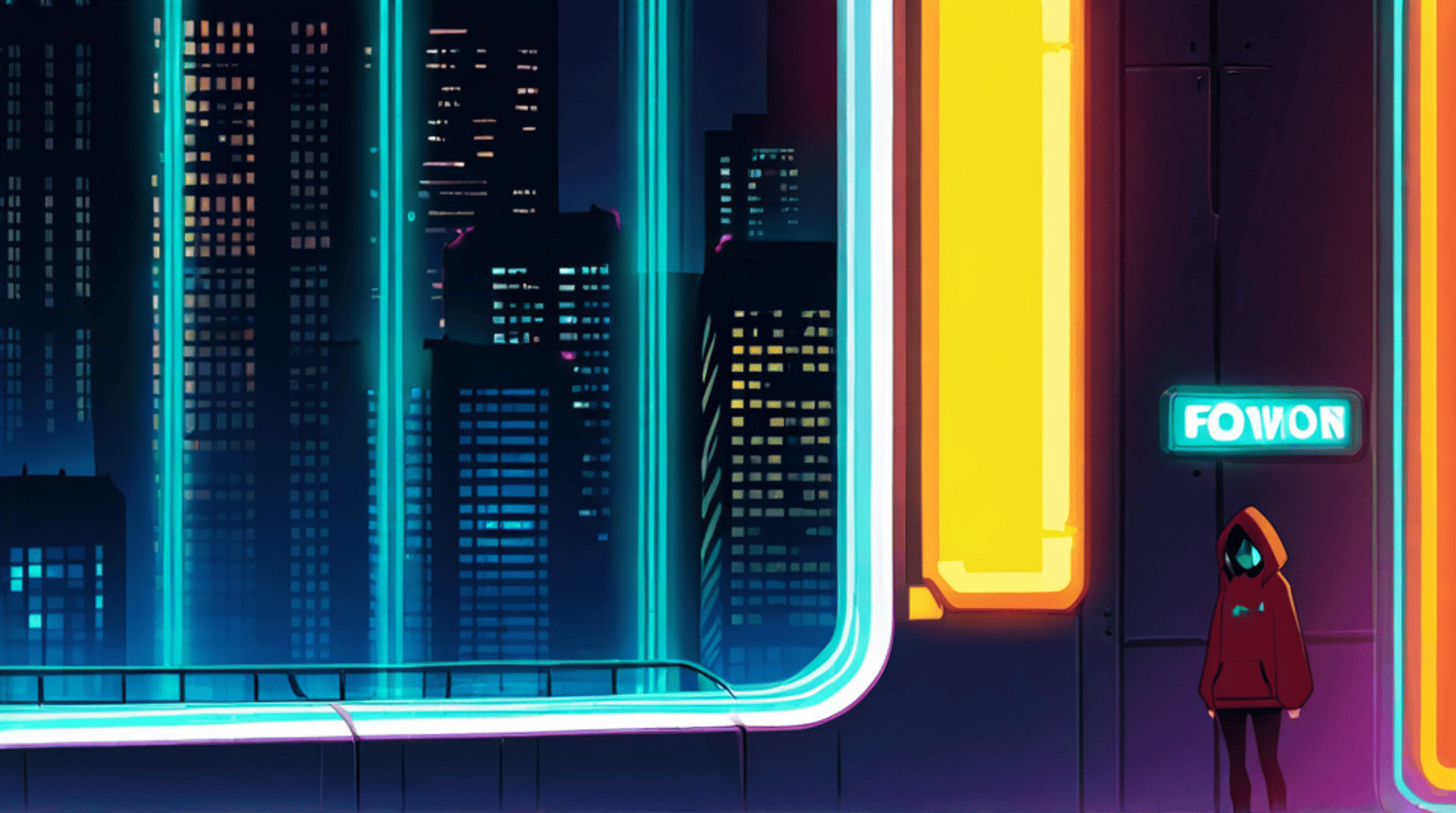 AI generated wallpaper featuring person, cityscape, neon sign