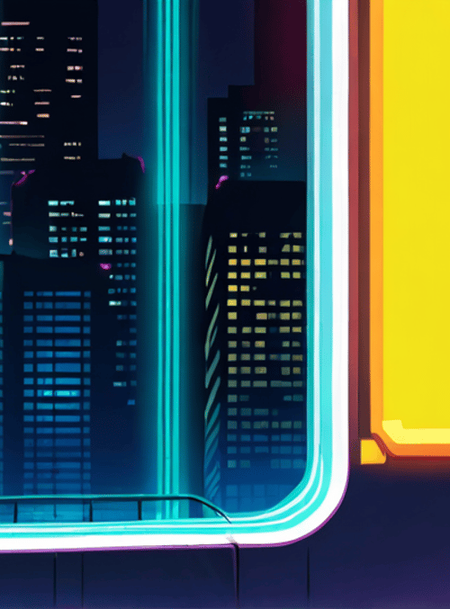 person, cityscape, neon sign