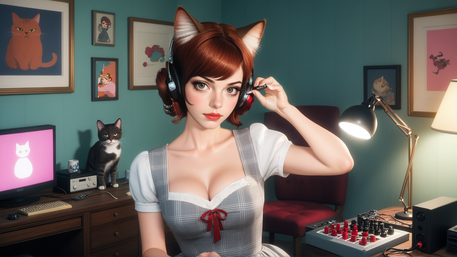 AI generated wallpaper featuring cat ears, woman, headphones, cat, computer