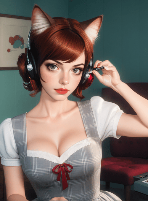 cat ears, woman, headphones, cat, computer