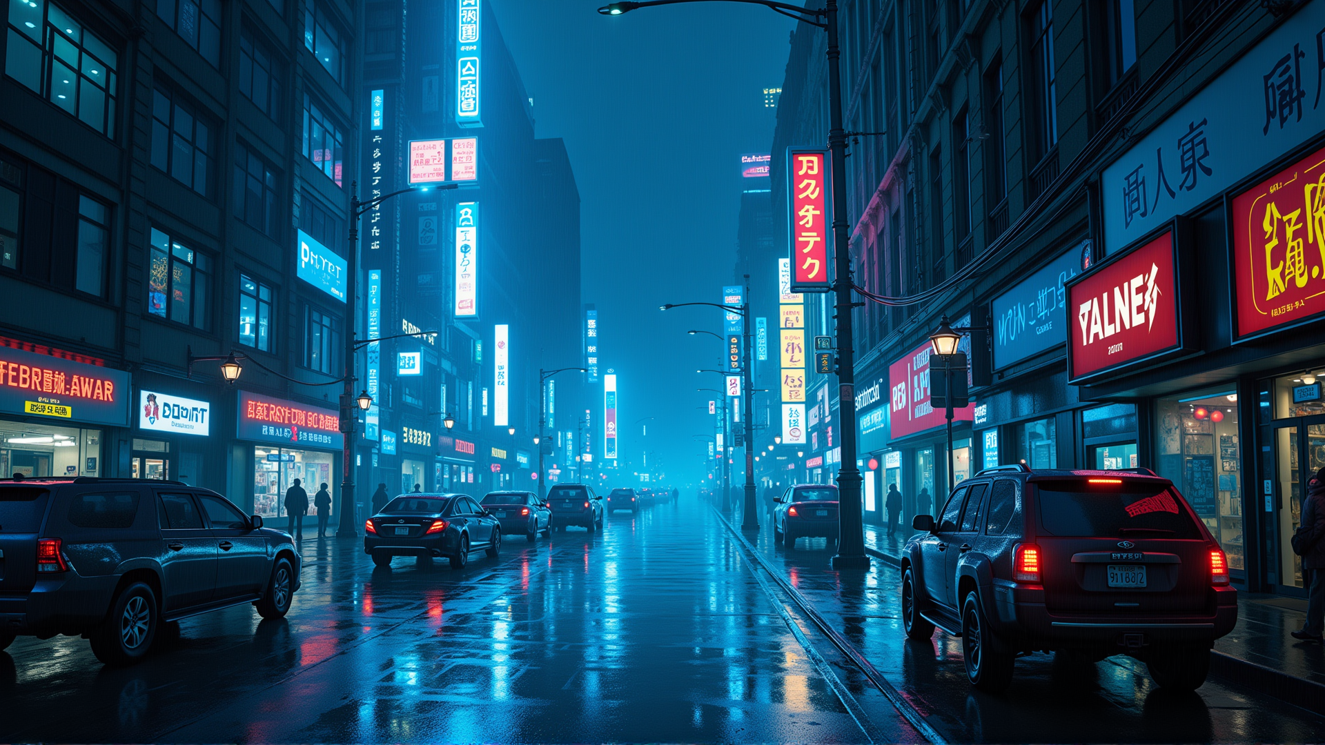 AI generated wallpaper featuring street, neon signs, cars, buildings, rain
