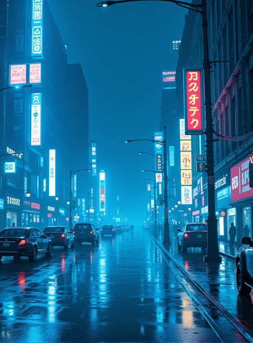street, neon signs, cars, buildings, rain