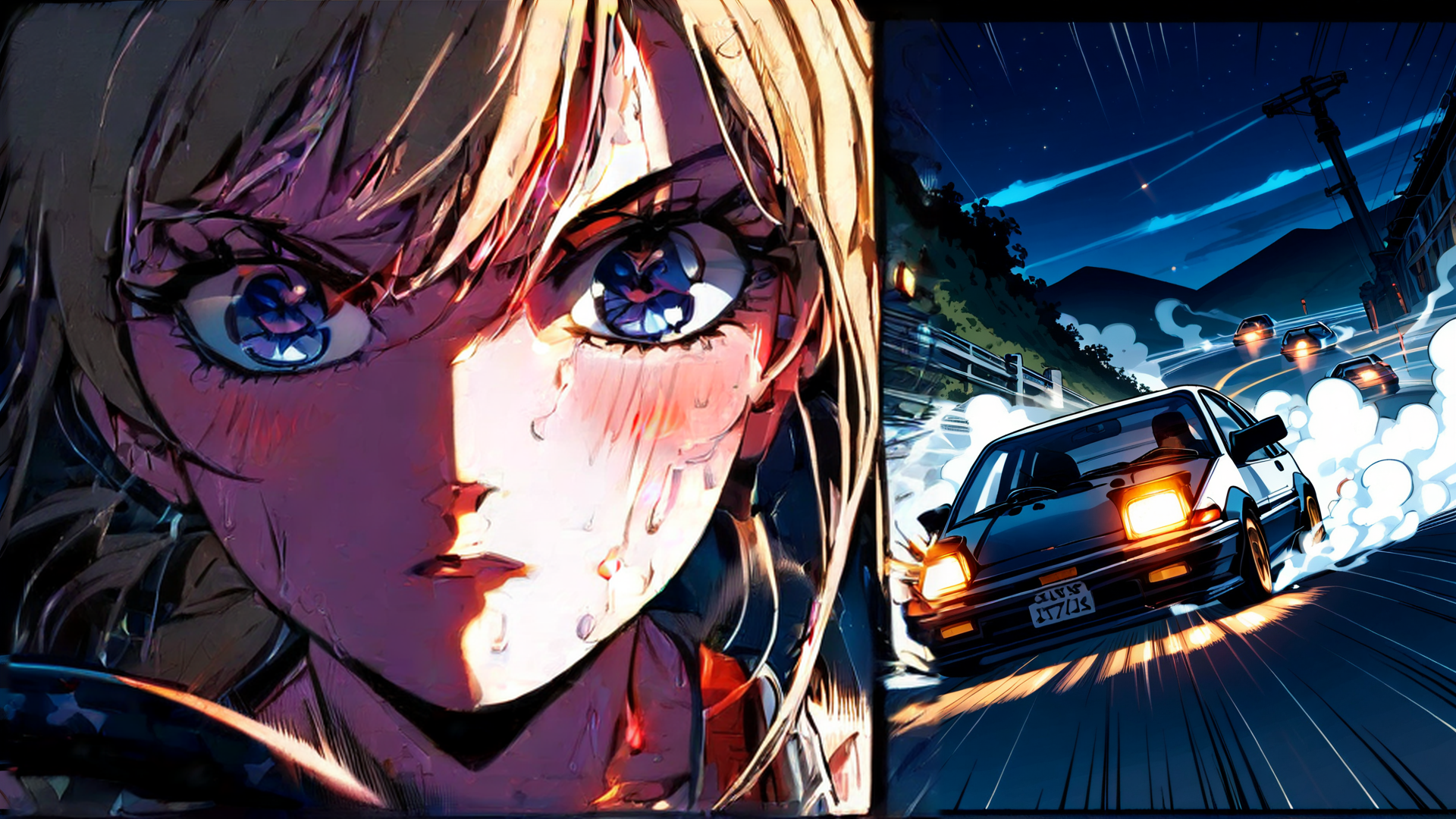 AI generated wallpaper featuring girl, car, road, night