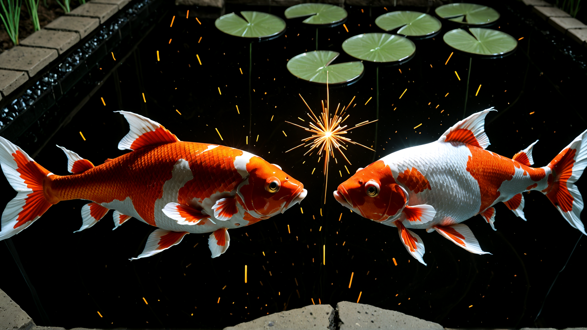 AI generated wallpaper featuring koi fish, lotus leaves, sparkles, pond, water